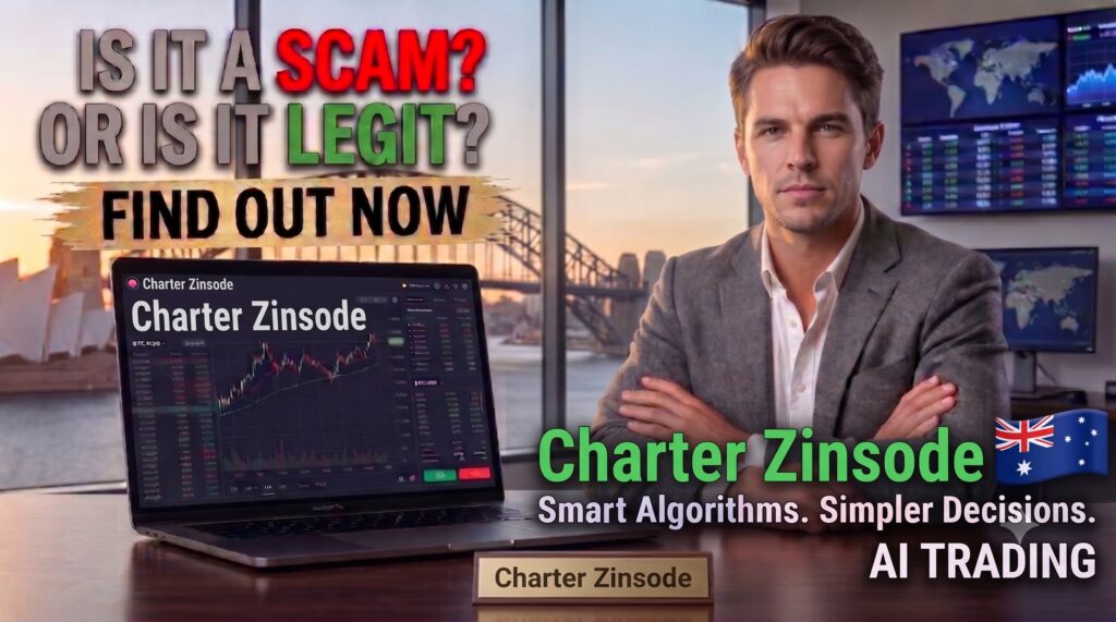 Charter Zinsode review thumbnail featuring a man in a suit at a laptop with trading charts, an Australian flag, and text asking "Is it a Scam? Or is it Legit?".