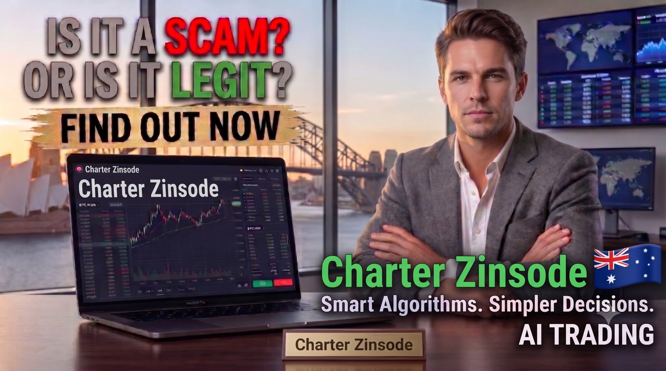 Charter Zinsode review thumbnail featuring a man in a suit at a laptop with trading charts, an Australian flag, and text asking "Is it a Scam? Or is it Legit?".