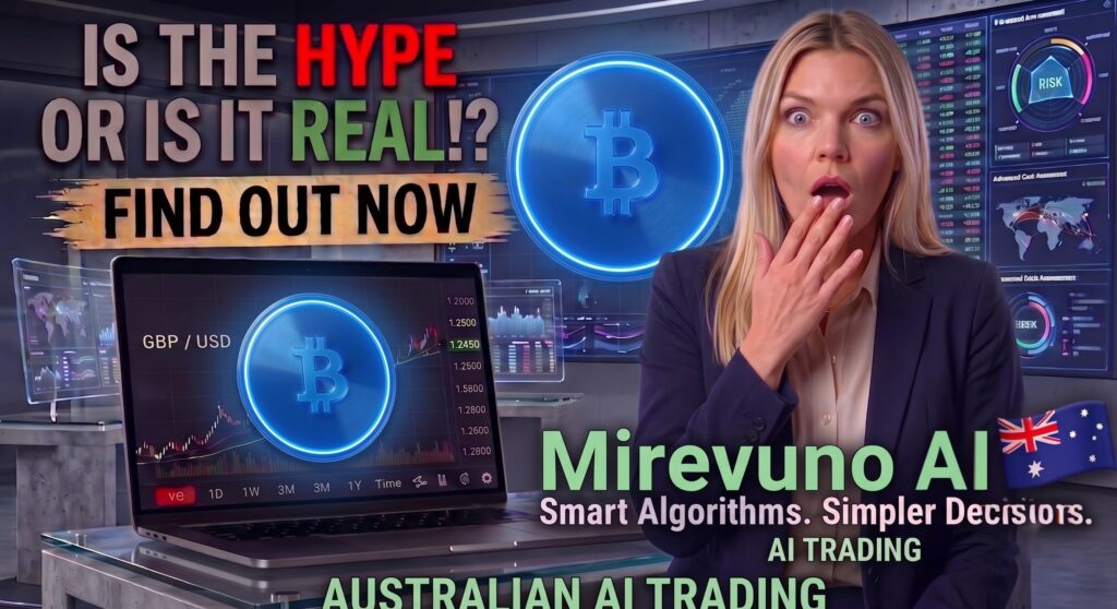 Mirevuno AI review thumbnail featuring a surprised blonde woman next to a laptop, a glowing blue Bitcoin logo in the background, an Australian flag, and text asking "Is the Hype or Is It Real!?".
